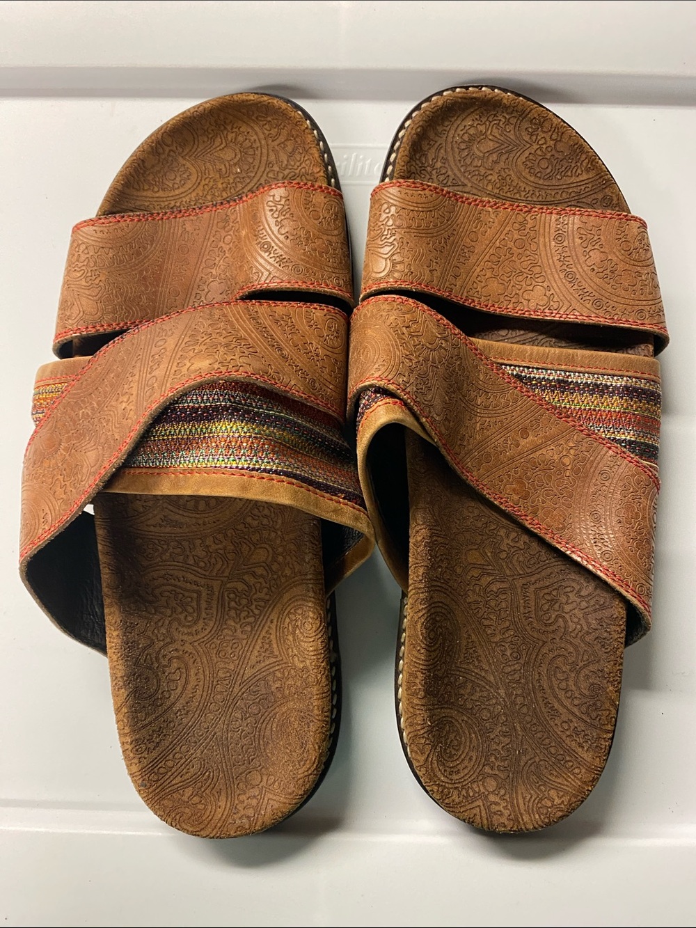 Vibram Brown Paisley Leather Slide Sandals with Multicolor Woven Accent
